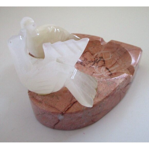 Mexican Souvenir White Alabaster Birds Pink Granite Stone Heart Ashtray Handmade - Picture 7 of 11